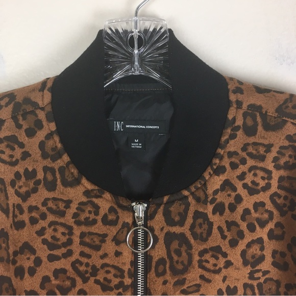 INC International Concepts Leopard Print Leather Sleeve Jacket in Brown/Black - Picture 2 of 12